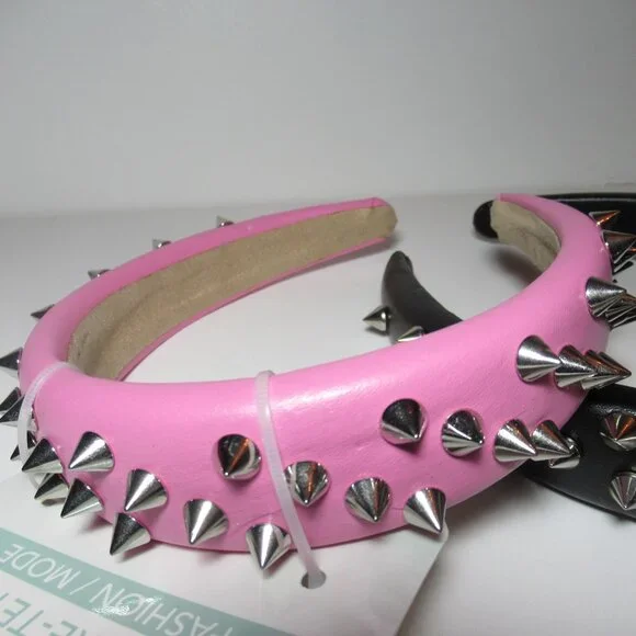 1 Black & 1 Pink Pleather Studded Spiked Headband Punk Alternative Goth Emo New - Picture 5 of 14